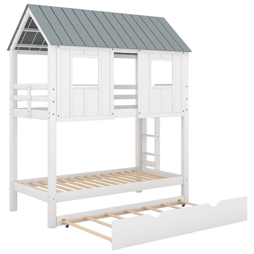 Kadyn Kids Bunk Loft Bed with Rollers/Roof/Windows, White Kadyn Kids Bunk Loft Bed with Rollers/Roof/Windows, White