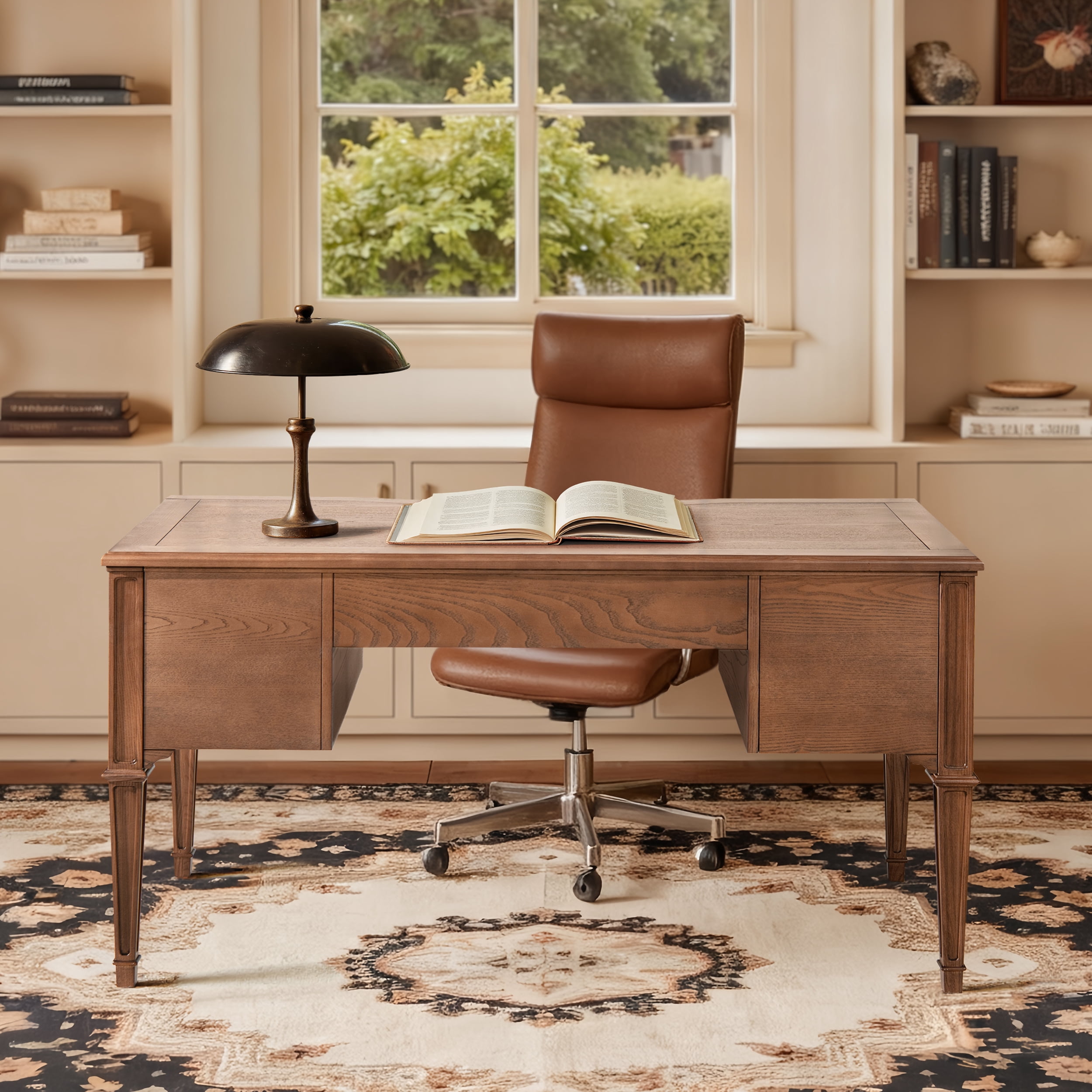 Dauphin Gold Accent 5-Drawer Wood Executive Desk, Brown Ash Wood & Veneer