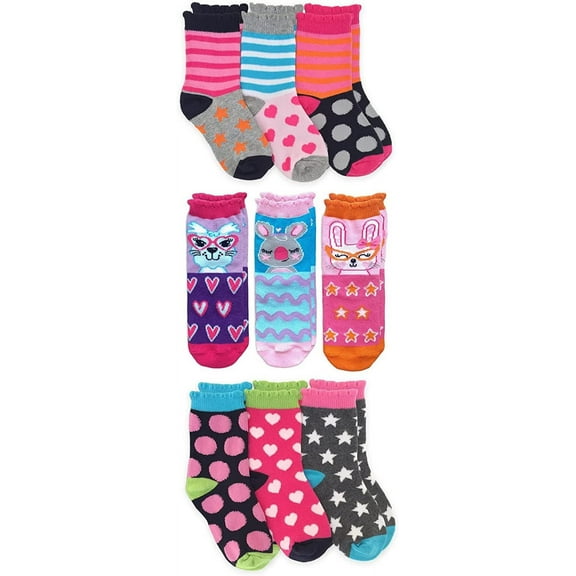 Jefferies Socks Girls Fashion Novelty Cute Stripe Animal Pattern Crew Socks 9 Pair Pack