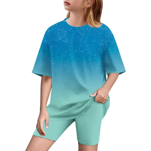 Plebaso Girls Clothes Summer Gradient Color 2 Piece Short Sleeve T-Shirts Biker Shorts Sets for Kids