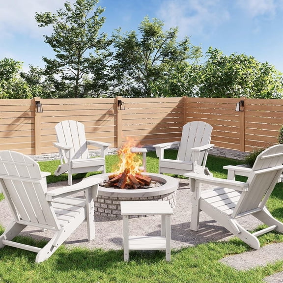 Folding Adirondack Chairs Set of 4 with 2 Side Table, HDPE Plastic Outdoor Chairs with Wood Texture 380 LBS & Weather Resistant for Fire Pit, Deck, Patio, Pool, Backyard White