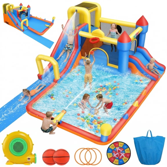 Adnoom Inflatable Water Slide, 12-in-1 Water Park Bounce House for Big Kids, Outdoor Bouncy House with Dual Slides, Big Splash Pool, Water Cannon for Backyard/Party, Jumping Castle with 550W Blower