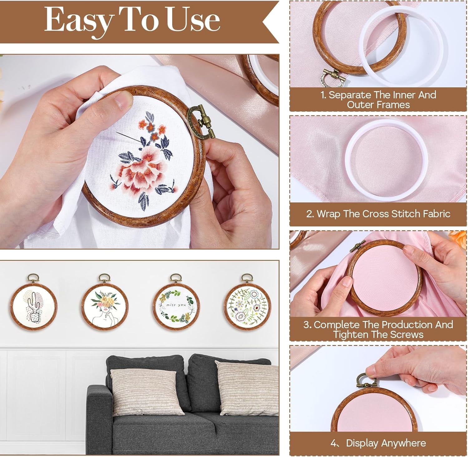 Topboutique Round Embroidery Hoops 10 Pcs 4 inch Circle Cross Stitch Hoop Ring Imitated Wood Display Frame for Embroidery Art Craft Sewing Ornaments Hanging Decoration