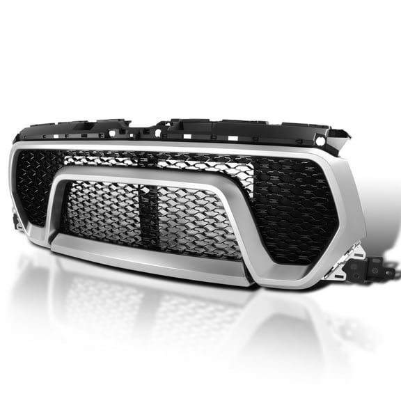 Spec-D Tuning Matte Silver Shell Glossy Black Mesh Front Bumper Hood Grille Compatible with 2019-2024 Ram 1500