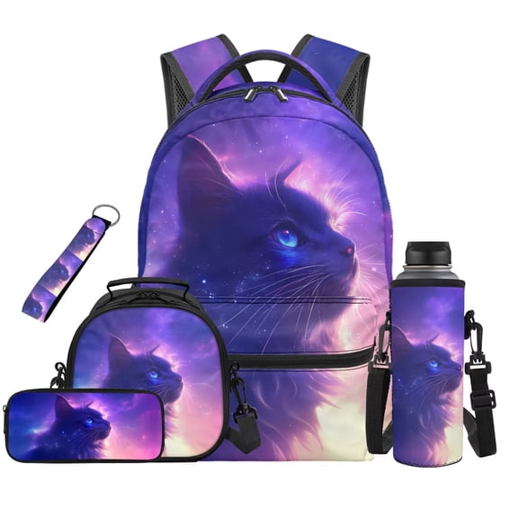 Jeiento Galaxy Cat School Backpack for Girls 10-12 17 inch Lightweight Bookbag with Lunch Box, Water Bottle Holder, Pencil Case & Keychain 5-Piece Set Elementary 3rd-6th Grade Back to School Gifts