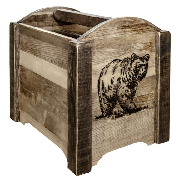 Homestead Collection Magazine Rack w/ Laser Engraved Bear Design, Stain & Clear Lacquer Finish