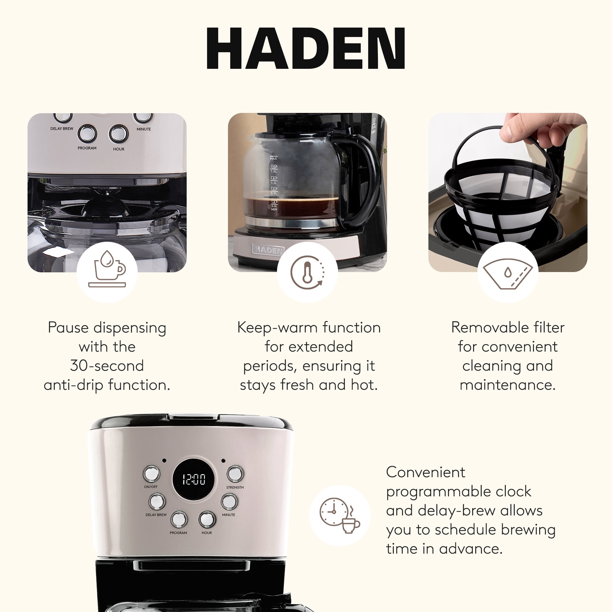 Haden Dorset 12 Cup Coffee Maker & 4 Slice Wide Toaster, Putty & Chrome
