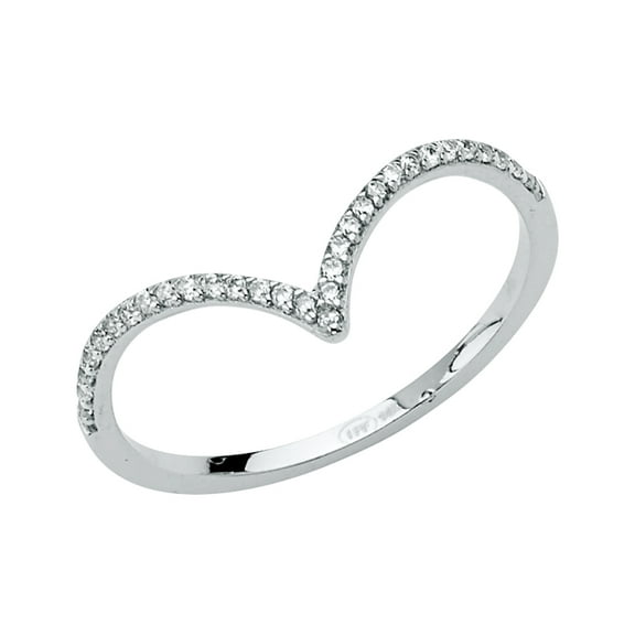 Ioka -14K Solid White Gold CZ V Shape Stackable Trendy Women's Ring