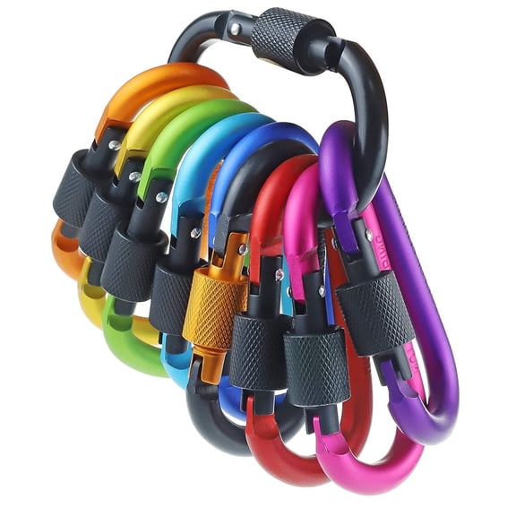 10 Pack Aluminum D Ring Key Rings Hiking Clips Locking Carabiner for Hiking Camping Fishing Hooks and Outdoor Use,Clips with Screw Gate Multicolored