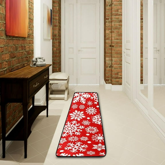 SKYSONIC 2'X6' White Snowflakes Runner Rug with Rubber Backing, Red Christmas Non Slip Entryway Rug Runner Washable Soft Area Rug Carpet for Hallway Bedroom Kitchen Decor