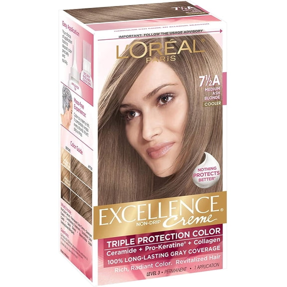 Loreal Excellence Creme Triple Protection Color Creme, Level 3 Permanent, Medium Ash Blonde/Cooler 7-1/2A
