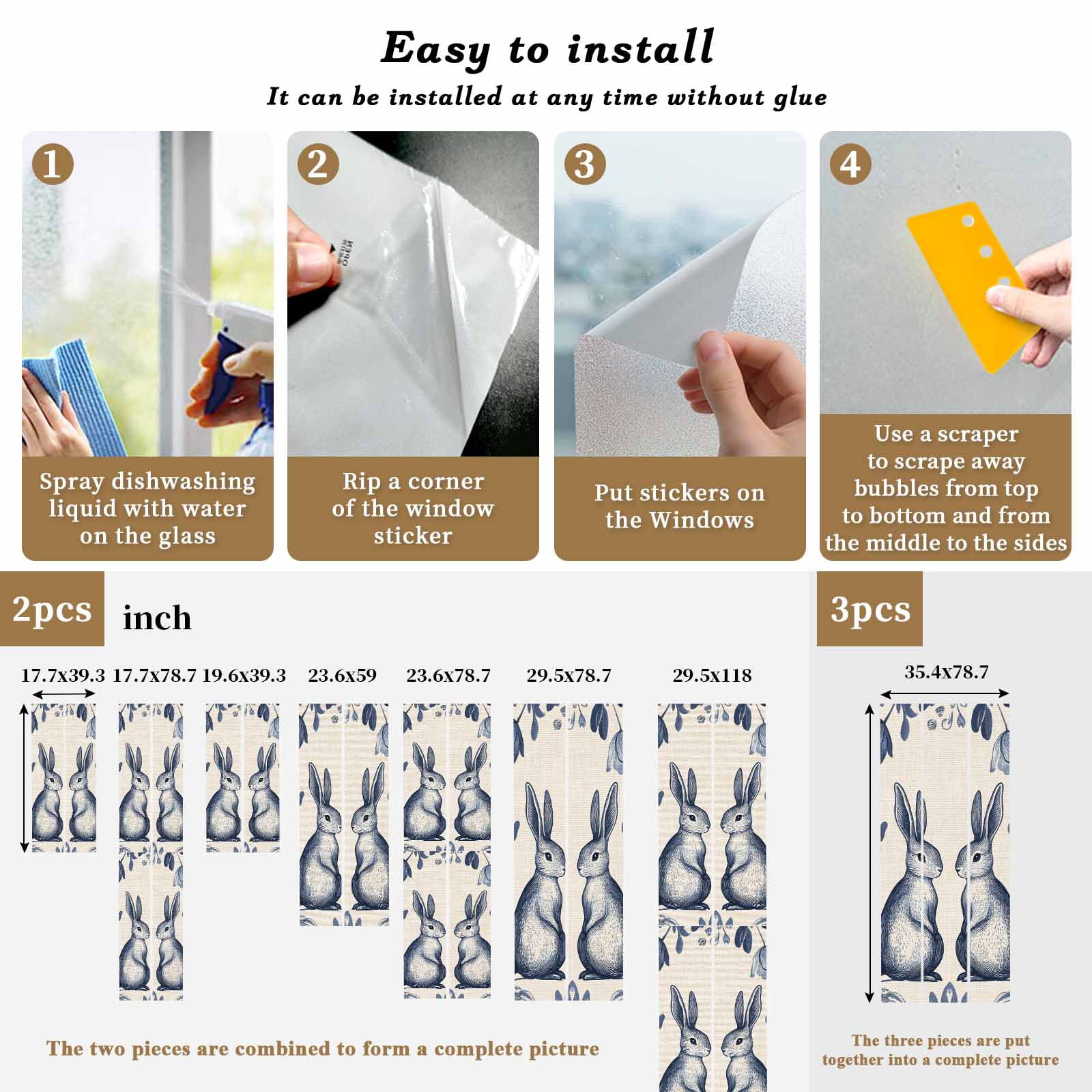 Easter Rabbits Window Privacy Film, Cute Blue Bunny Watercolor Boho Floral Leaf Linen Texture Frosted Glass Window Clings Static Cling UV Heat Blocking Reusable Sticker for Bedroom 29.5x78.7 Inch