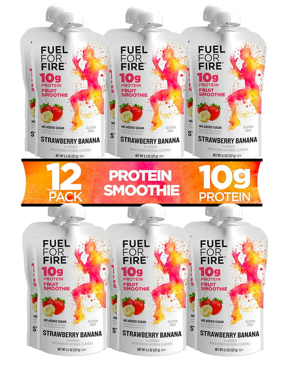 Fuel for Fire Protein Smoothie Pouch - Strawberry Banana (12-Pack) | Healthy Snack & Recovery | No Sugar Added, Dietitian Approved | Fruit & Whey Protein Smoothies | Gluten Free (4.5oz pouches)