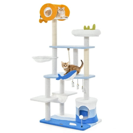 Costway Petsite Ocean-themed Cat Tree Tower with Sisal Covered Scratching Posts Condo Perch Hammock