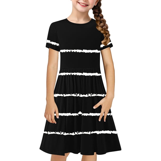 Robes à Manches Courtes pour Filles, Patineuse, Tournoyantes, Extensibles, Ligne A, Tout-Petits, Décontractées, Robe Évasée