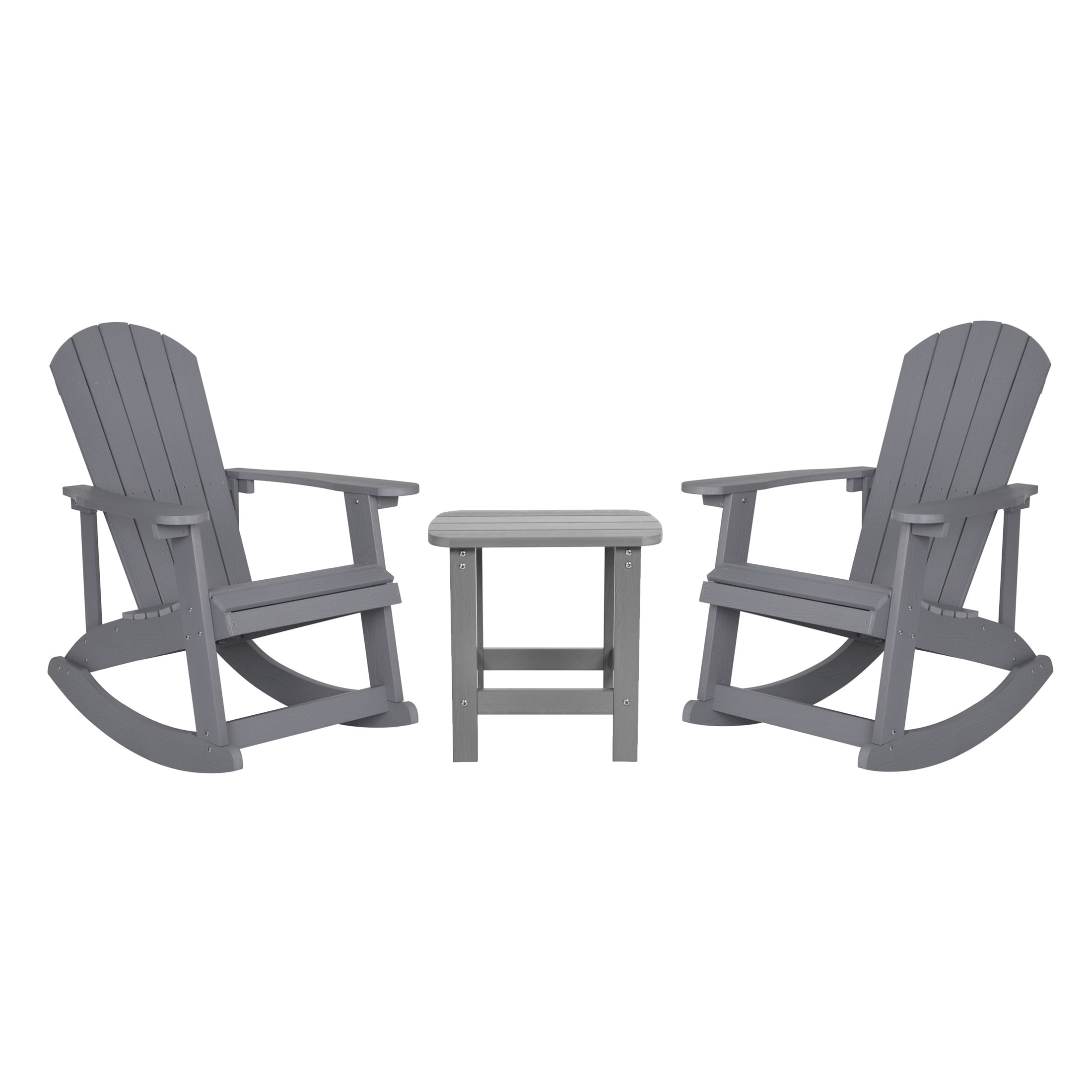 Emma + Oliver Set of 2 Classic All-Weather Poly Resin Rocking Adirondack Chairs in Gray with Matching Side Table for Year Round Use
