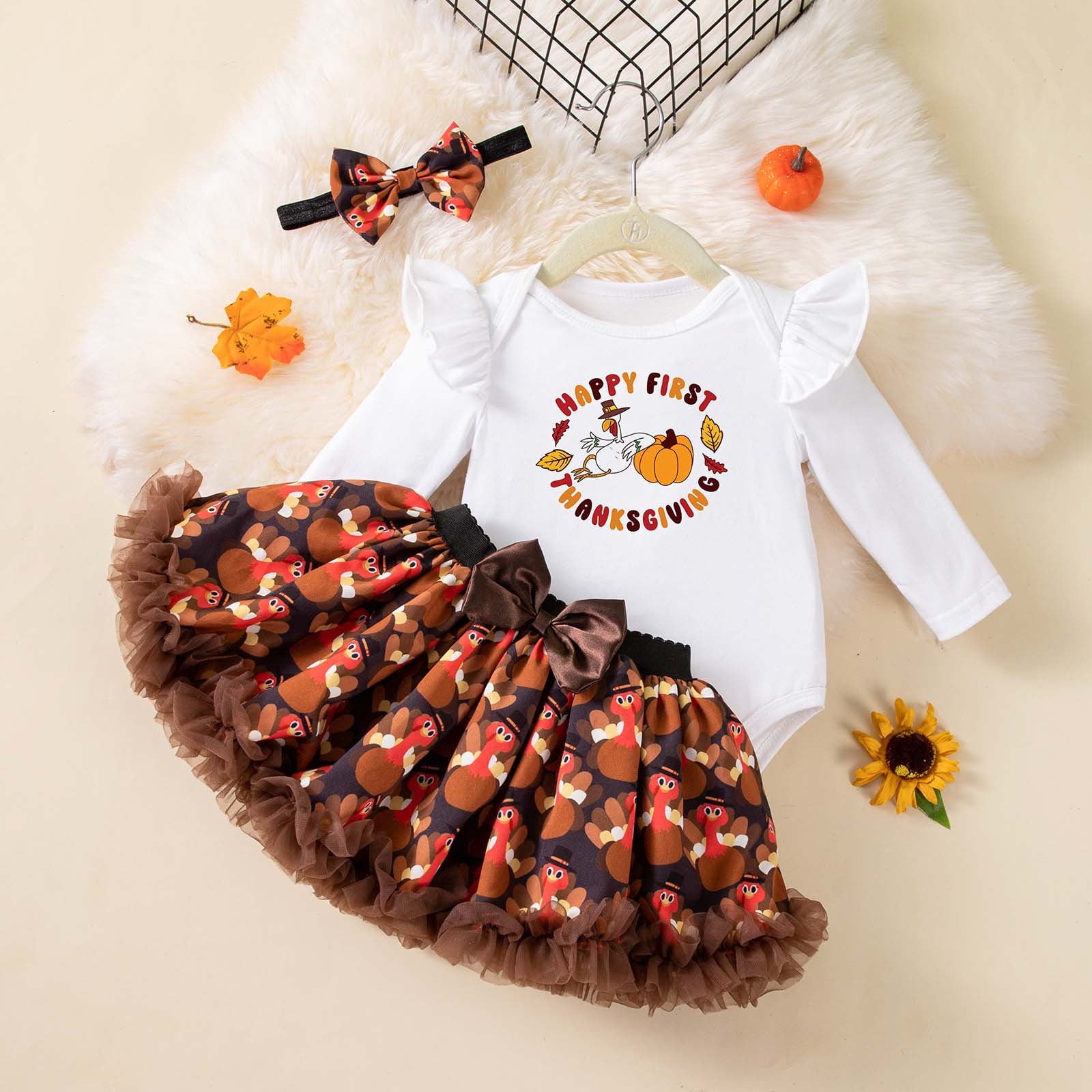 Gaexia Girls Clothes Size 6/7 Outfits Fall ,Thanksgiving Baby Girl Outfit 3 Piece Set Cute Turkey Print Long Sleeve Dress Headband Toddler Holiday Party Clothes for 1-18 Months