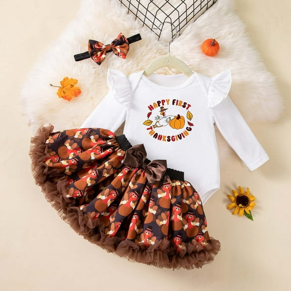 YAYUBA My First Thanksgiving Baby Boy Outfit Thanksgiving Girls Outfits 3 Piece Set Cute Turkey Print Long Sleeve Dress With Headband Baby Toddler Holiday Party Clothes