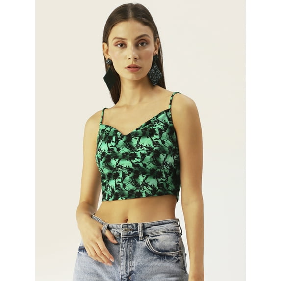 DressBerry Women's Printed Velvet Sleeveless Cropped Top High Waist Cowl Neck Casual Summer Wear Western Style Body Fit Short Top