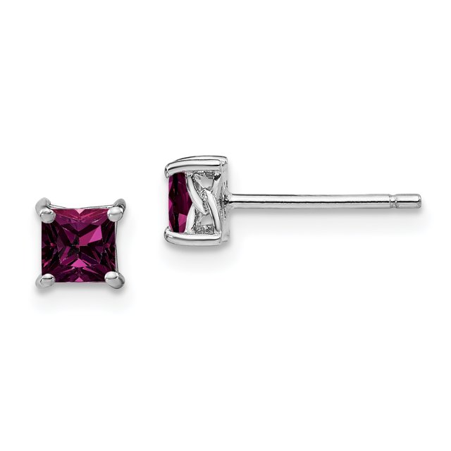 925 Sterling Silver Rhod Pltd 4mm Princess Rhodolite Garnet Stud Earrings Birthstone June Gemstone