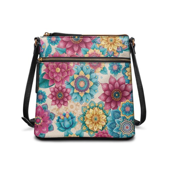 HELLHERO Multiple Zipper Pockets Purse Satchel for Daily Short Trips Travel, PU Leather Lightweight Adjustable Strap Satchel Bag, Colorful Floral Mandala