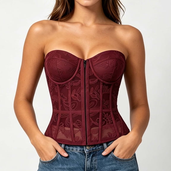 AVRNLIQ Strapless Sweetheart Corset Top for Women – Floral Lace Bustier with Front Zipper & Boned Waist-Cinching, Red,Size S