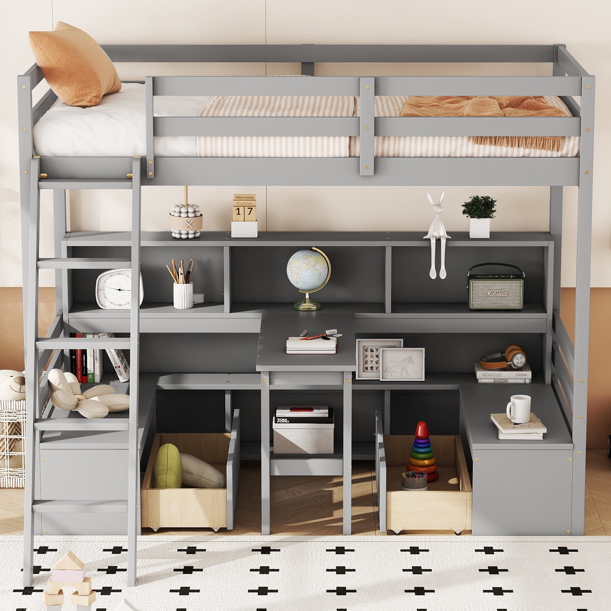 Euroco Modern Wood Twin Size Loft Bed with Desk and Drawers, Storage Shelves and Seat Design for Kids Teens, Grey