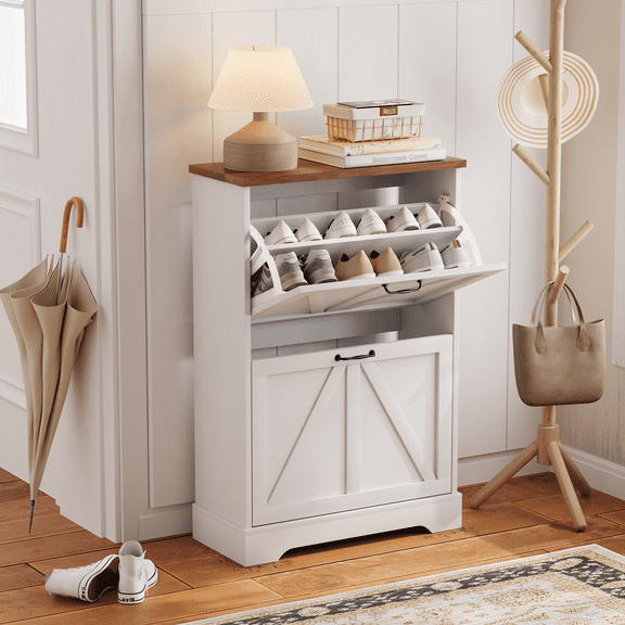 Algherohein Farmhouse Shoe Cabinet Entryway,Shoe Storage Cabinet with 2 Flip Drawers,White