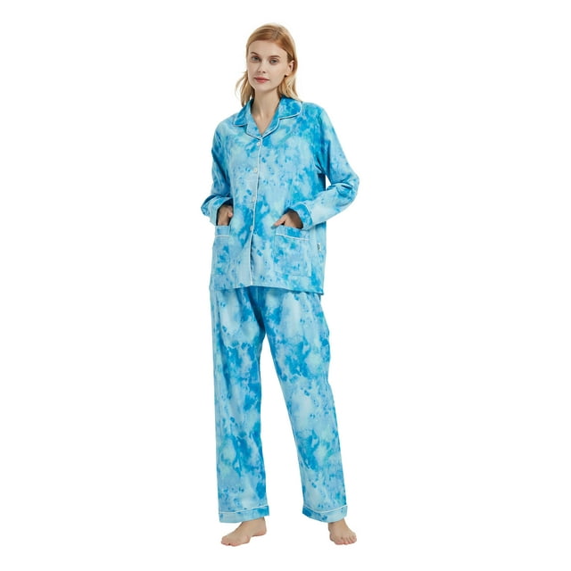 GLOBAL Conjunto de Pijama de Franela para Mujer, Pijama 100% Algodón para Mujer, Ropa de Estar por Casa, Manga Larga, Botón, Cordón en la Cintura, Ropa de Dormir Cálida, Azul Cielo, Teñido Anudado M