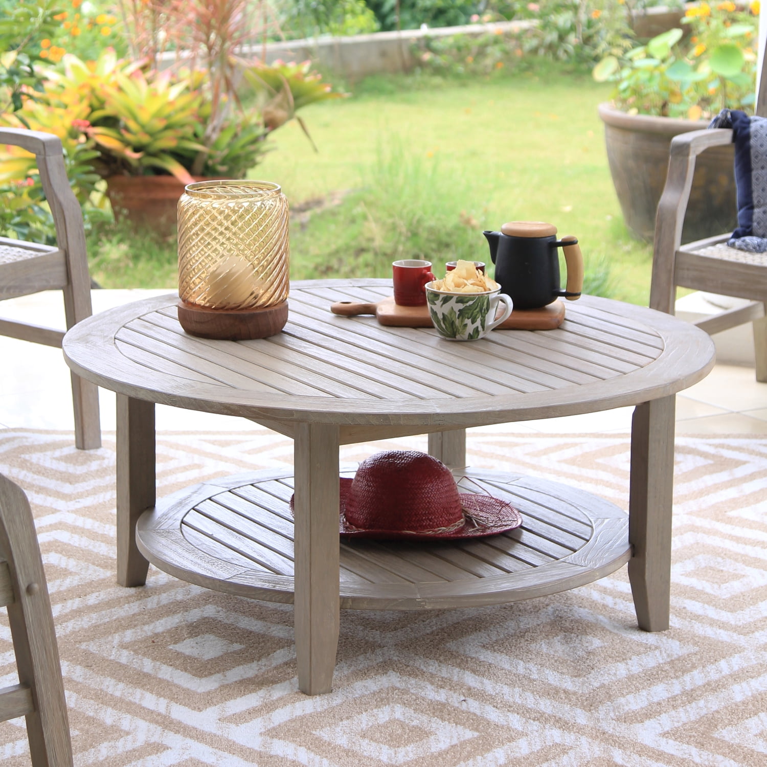Caterina Plantation Teak Patio Round Coffee Table, Weathered Gray