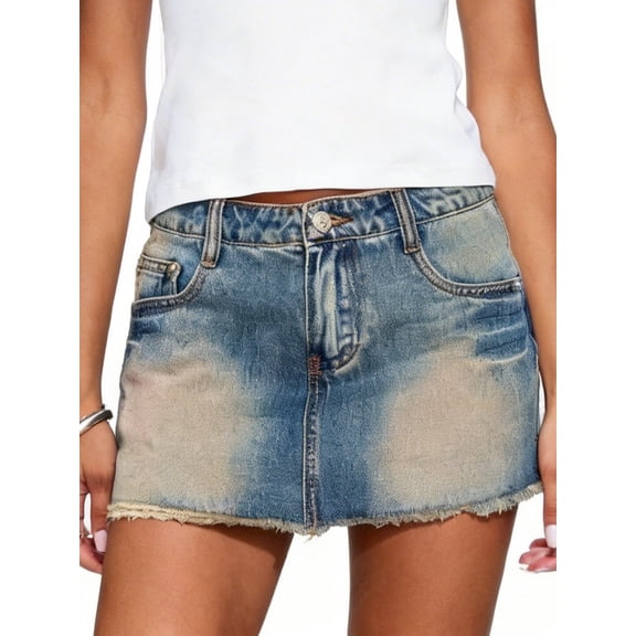 LMLYSoH Women Denim Skirt Fashion Frayed Hem Summer Washed Low Rise Bodycon Mini Skirts