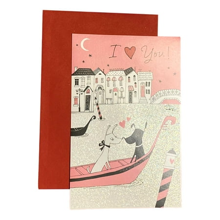 Valentine's Day Greeting Card for Wife/Husband - I love you - Sparkling Glitter; Building, Boat, Dogs