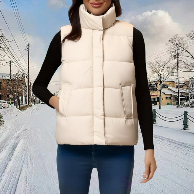 Doudoune Sans Manches pour Femmes, Veste Matelassée à Capuche, Veste Décontractée à Fermeture Éclair, Manteau d'Hiver Beige TG
