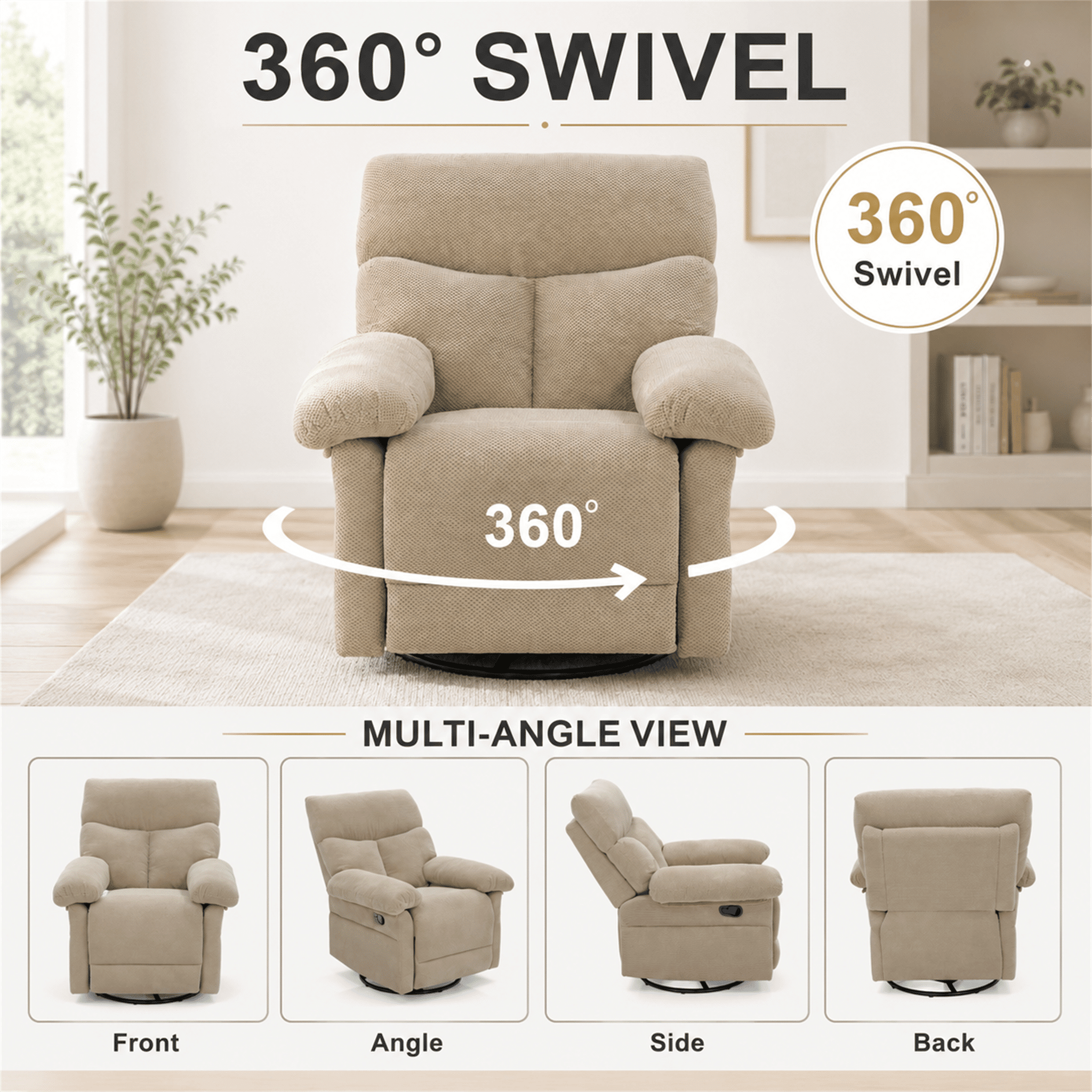 Homy Casa Swivel Rocking Recliner, 360 Manual Chair for Living Room, Nursery and Home Office, Beige