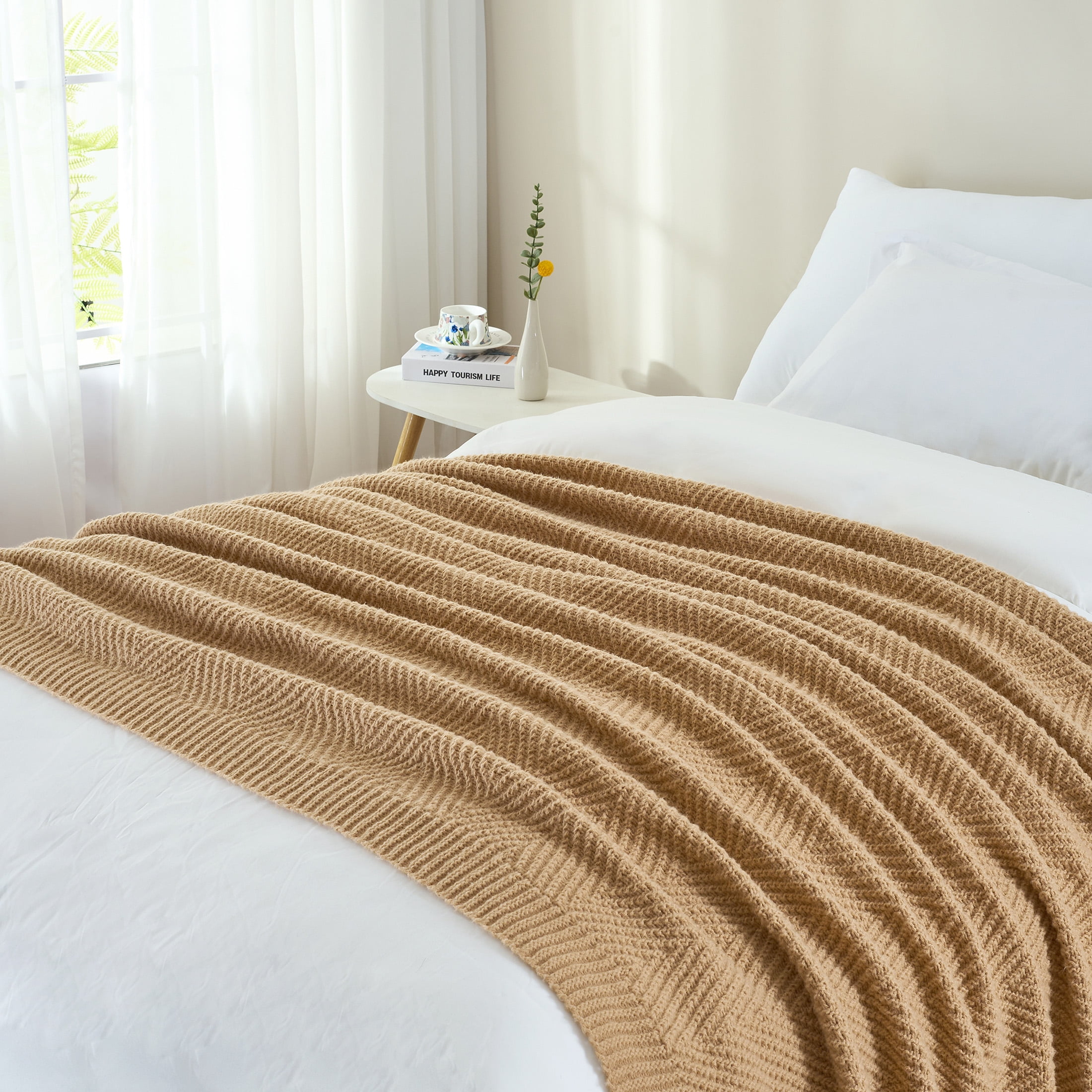 LONG CREATE Soft Knitted Throw Blanket 60" x 80" Tan Brown, Boho Chevron Farmhouse Throw for Bed Couch