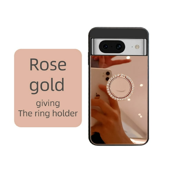 Bling Glitter Diamond Case for Google Pixel 8a, Women Girls Makeup Mirror Phone with Ring Holder Stand, Sparkle 3D Handmade Rhinestone Flexible TPU Bumper Cover for Google Pixel 8a, Rosegold