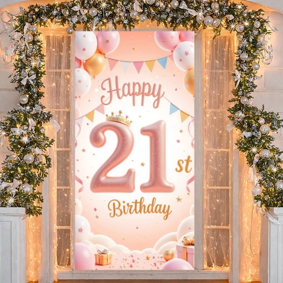 Pink Theme Happy 21st Birthday Banner Gold Crown 21st Birthday Display Glitter Design Balloon Decor Pink Birthday Backdrop for 21st Birthday Party Female Birthday Photo Backdrop