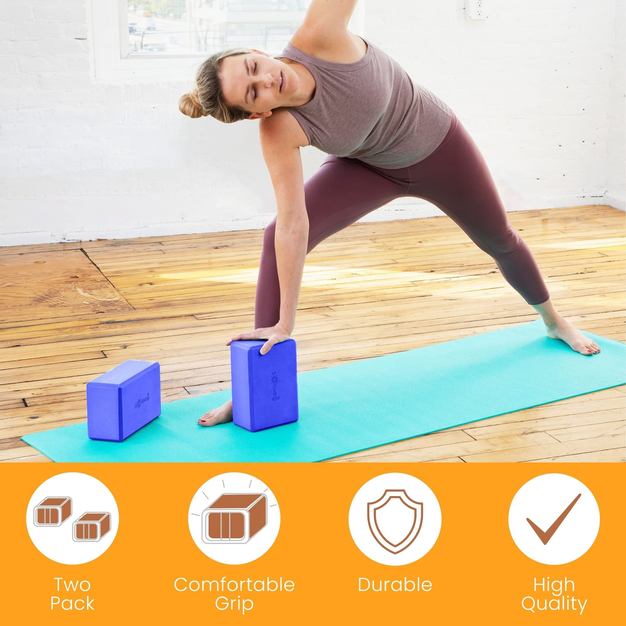 Sol Living Yoga Blocks 2 Pack High Density EVA Foam Yoga Cushion Stretching Pilates Meditation Exercise Equipment Support Deepen Poses Odor Free Non Slip Yoga Accessories - 4" x 6" x 9"- Blue