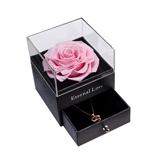 Caja de rosas eternas con collar de flores preservadas, rosa con collar de cristal, regalos para mamá y esposa