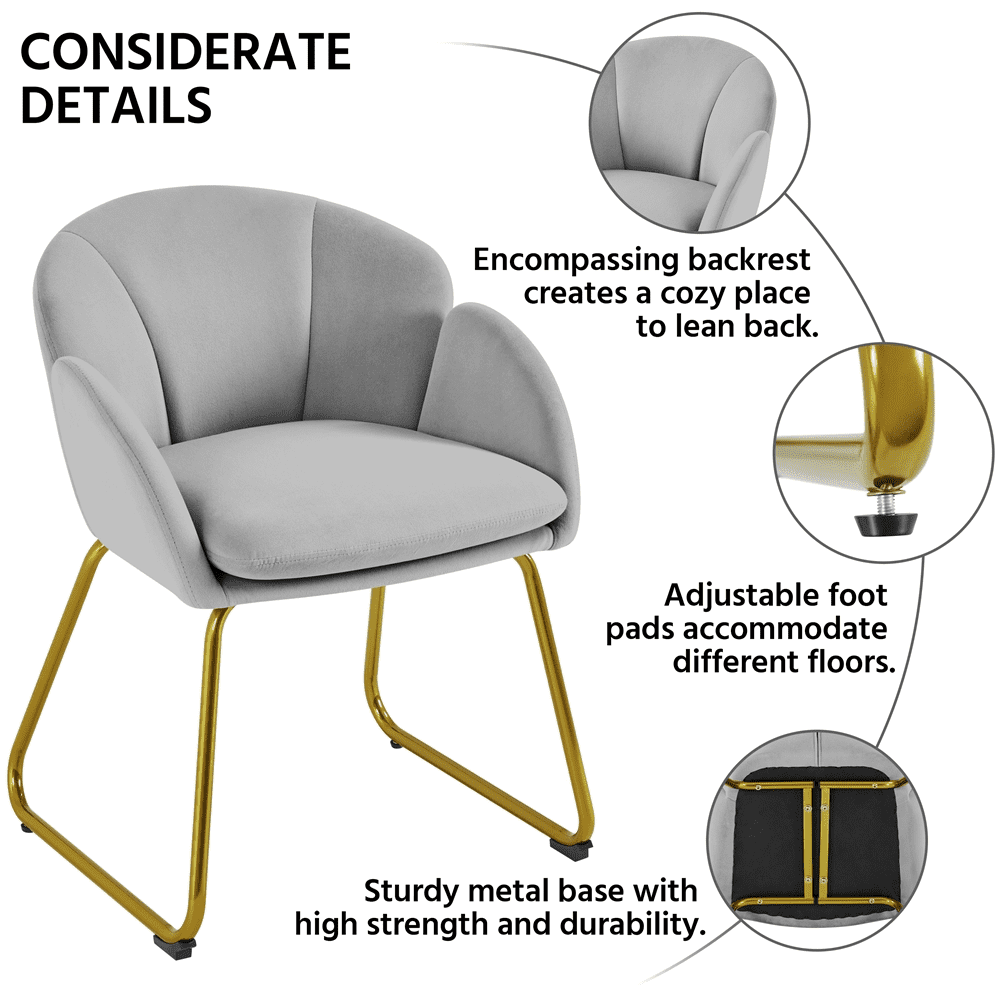Alden Design Pack of 2 Velvet Armchair Dining Chair with Golden Metal Legs for Living Room/Bedroom/Kitchen, Gray