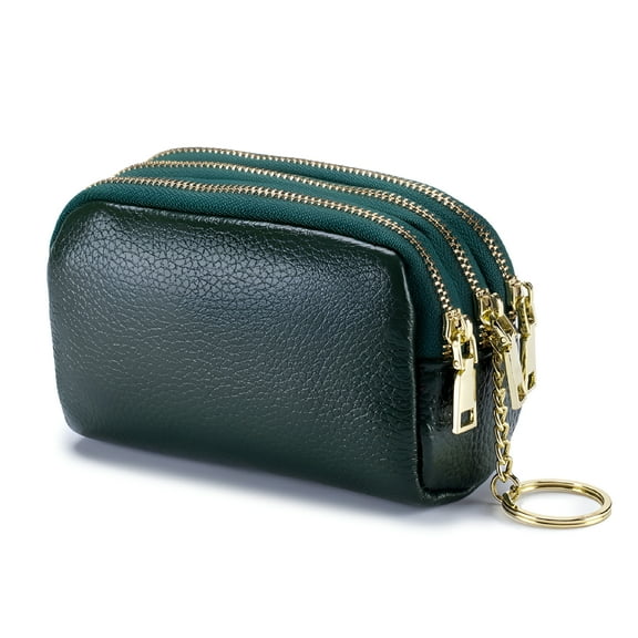 LAMIRO Women Leather Coin Purse, Small 3 Zippered Change Pouch Wallet - green