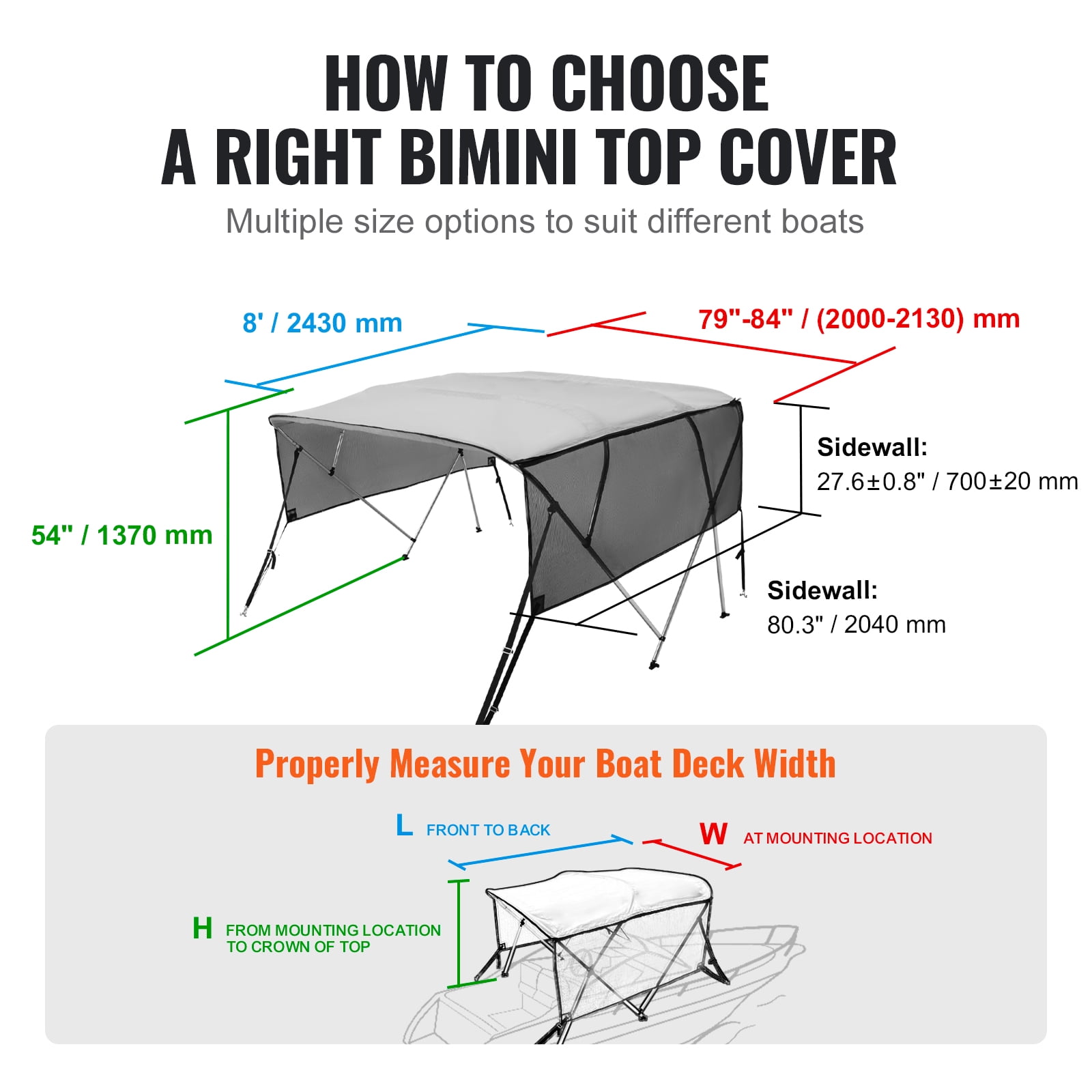 KFFKFF 4 Bow Bimini Top Boat Cover Detachable Mesh Sides 600D with Frame 79"-84"W