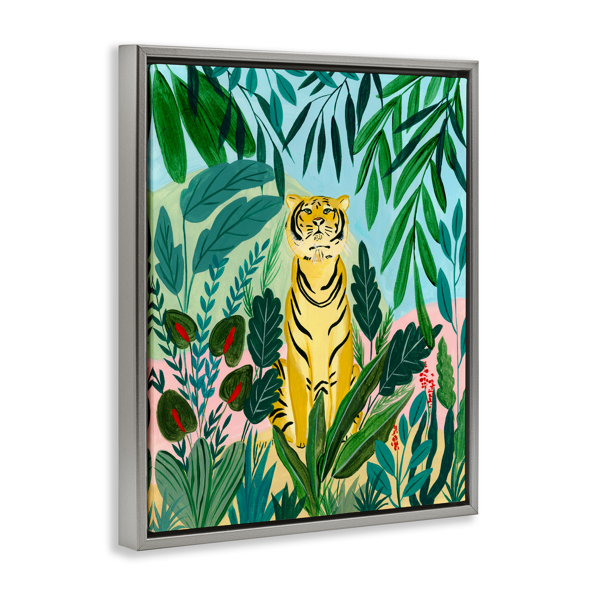 Stoic Tiger Tropical Forest Gray Framed Floater Canvas Wall Art, design by Nabeela Rumi