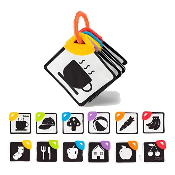 BESTSKY Black White Flash Cards With Teethers for Infants,6 PCs 12 Pages 4.3*4.3 Inch Designed Contrast Cards for Newborn Baby Toys with High Contrast (0 -36 Months)-Educational Infants Gift