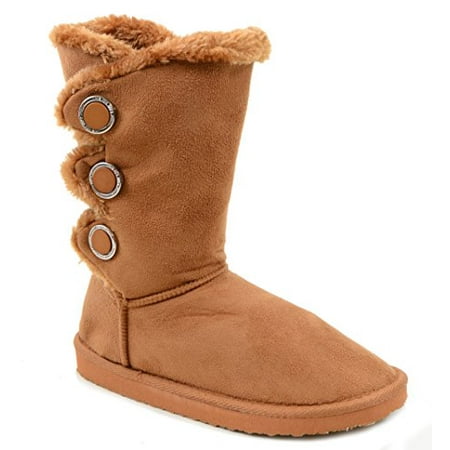 

Furry Button Flat Black Tan or Brown Vegan Suede Women s Warm Slipper Boots (Camel 6.5 B(M) US)