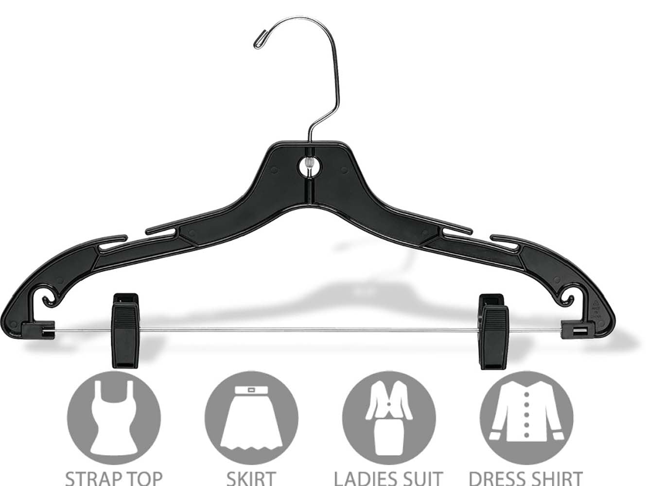 Matte Black Plastic Combo hanger with Adjustable Clips and Notches, (Box of 25)
