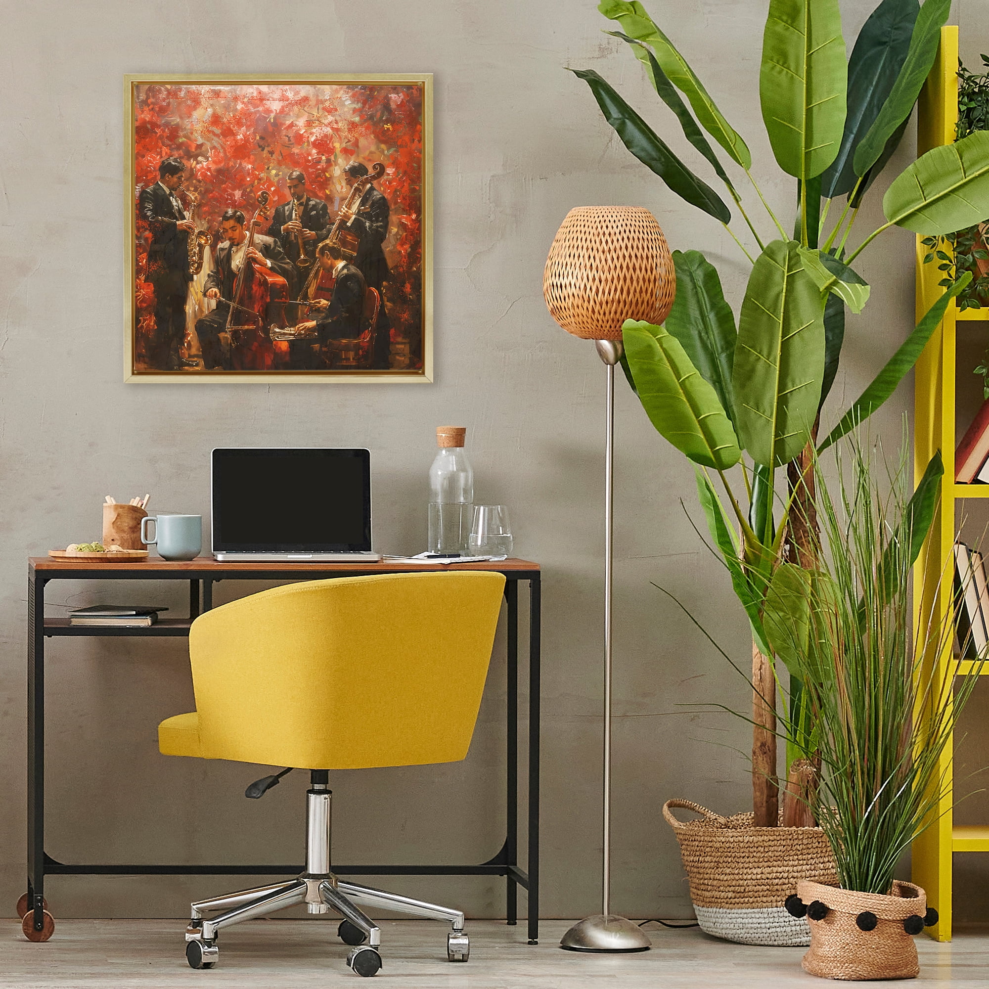 Stupell Industries Play More Jazz Performance Gold Framed Floater Canvas Wall Art, design by Marta Wiley