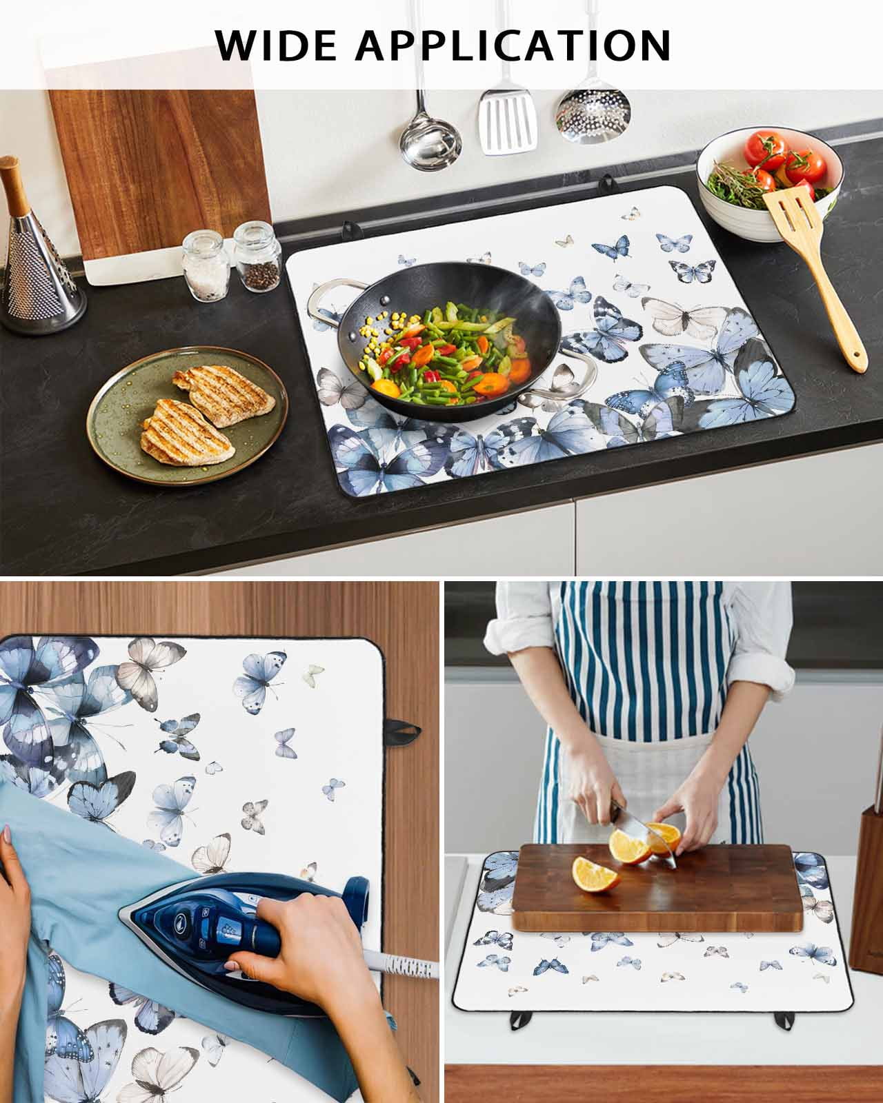 Large Induction Cooktop Protector Mat Blue Butterflies Stove Top Covers for Electric Stove, Elegant Pastoral Butterfly Decorative Stove Burner Cover Mats, Glass Top Stove Cover