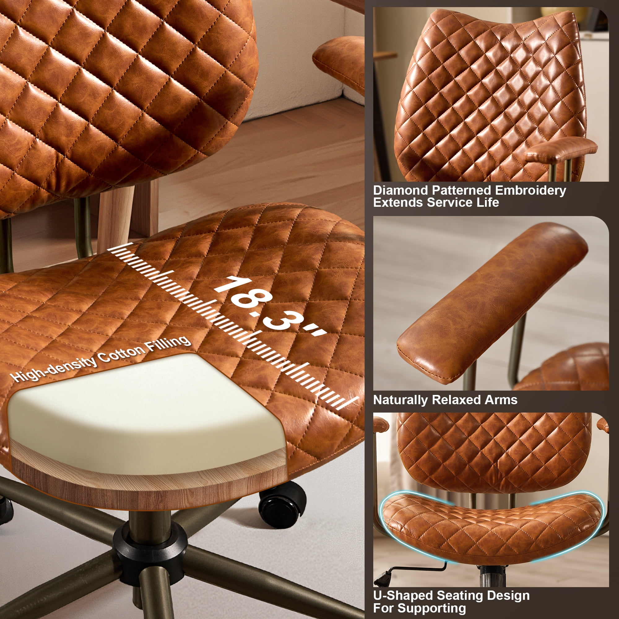 Toject Office Chair, Executive Desk Chair with Lumbar Support, Comfy Office Chair Adjustable Height Rolling Swivel Chair, Computer Chair Task Chair for Office Area, PU Leather, Brown