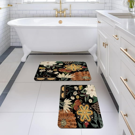 Boho Flower Bathroom Rug Set - 2 Piece of 17" x 24", Bohemia Bath Mats for Bathroom Non Slip, Absorbent Shower Floor Mat Washable, Carpet Floor Mats for Bathroom Decor